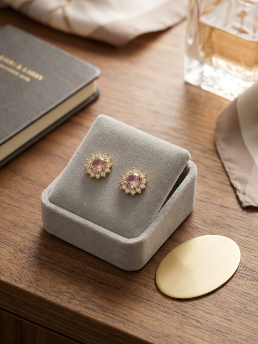 Gold Tone Pink Crystal Halo Stud Earrings - Stainless Steel Brand New